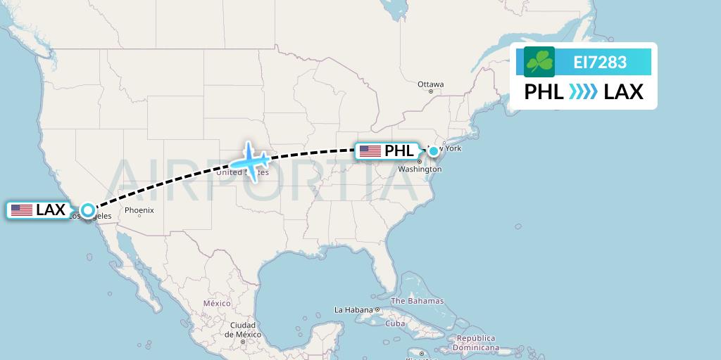 EI7283 Aer Lingus Flight Map: Philadelphia to Los Angeles