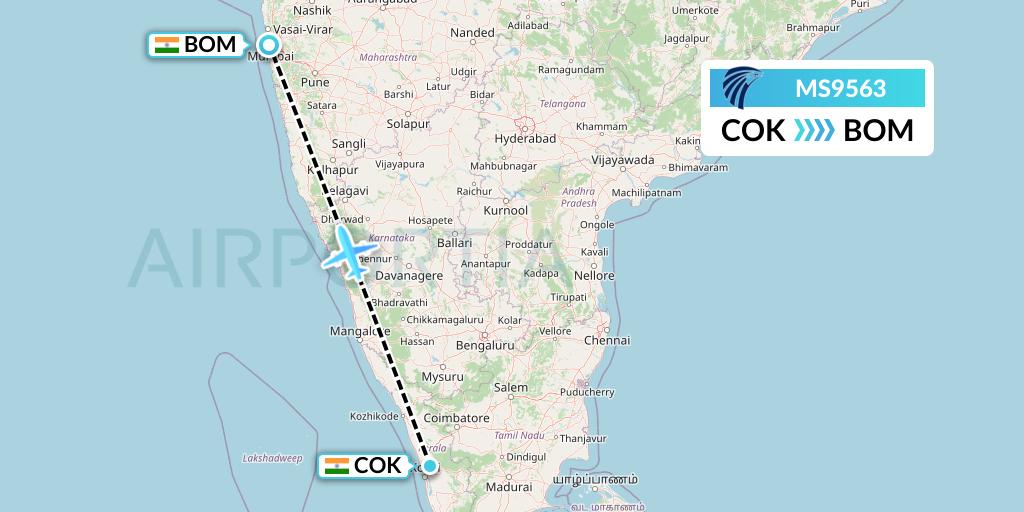 MS9563 EgyptAir Flight Map: Cochin to Mumbai