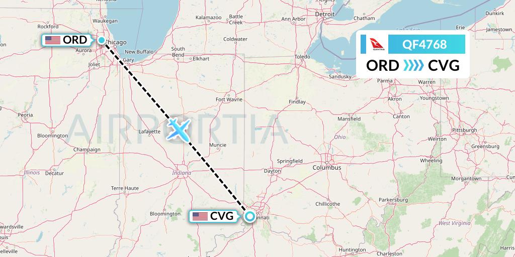 QF4768 Qantas Flight Map: Chicago to Cincinnati