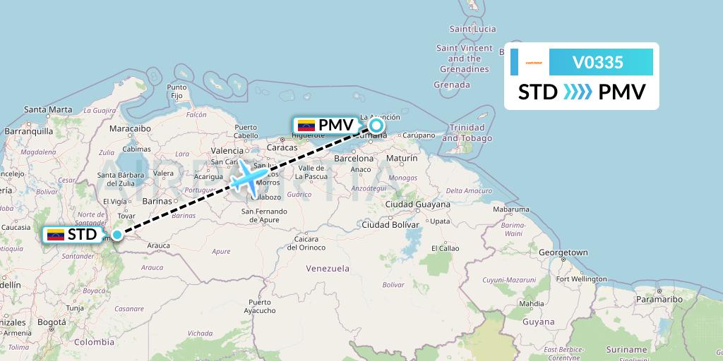 V0335 Conviasa Flight Map: Santo Domingo to Porlamar