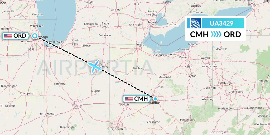 UA3429 United Airlines Flight Map: Columbus to Chicago