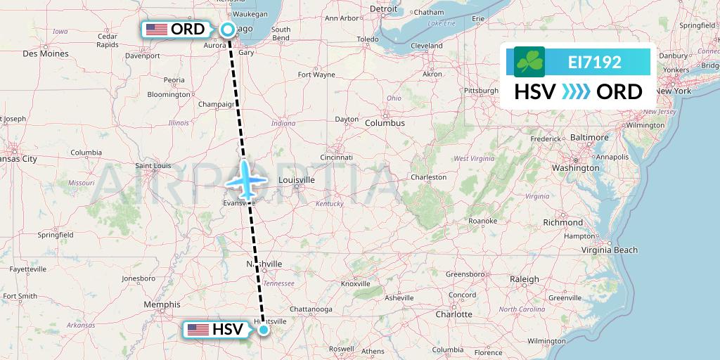 EI7192 Aer Lingus Flight Map: Huntsville to Chicago