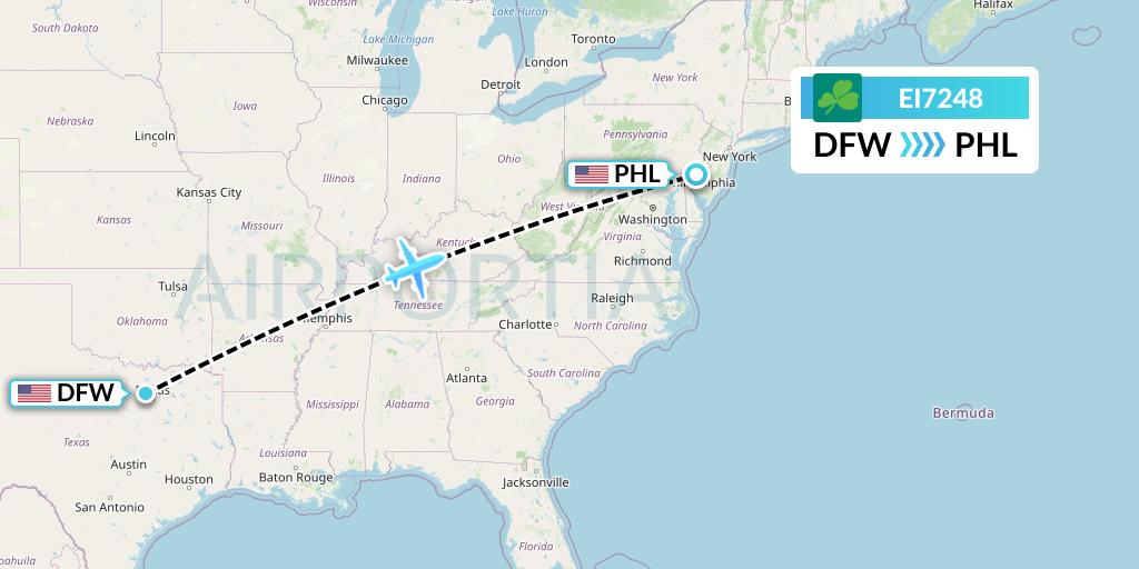 EI7248 Aer Lingus Flight Map: Dallas to Philadelphia