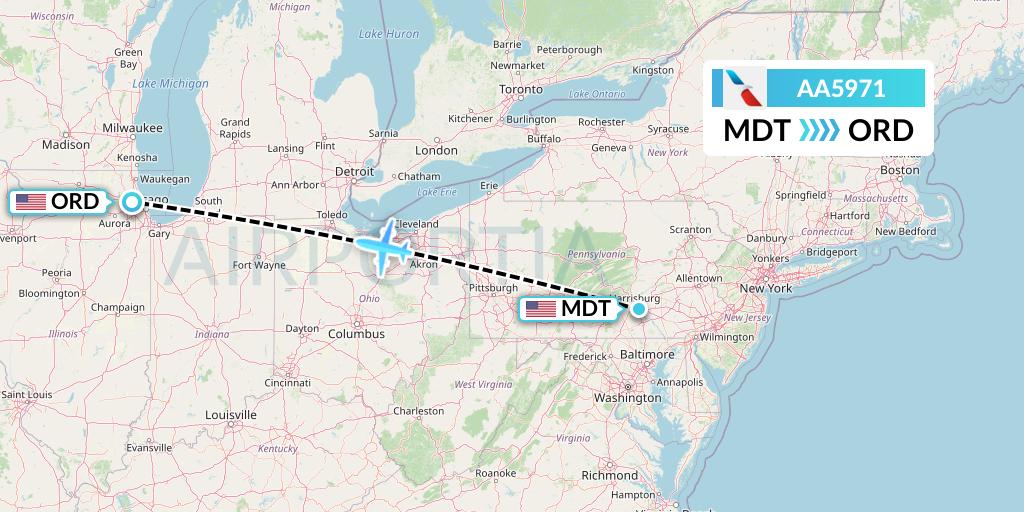 AA5971 American Airlines Flight Map: Harrisburg to Chicago