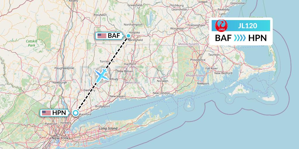 JL120 Japan Airlines Flight Map: Westfield to White Plains