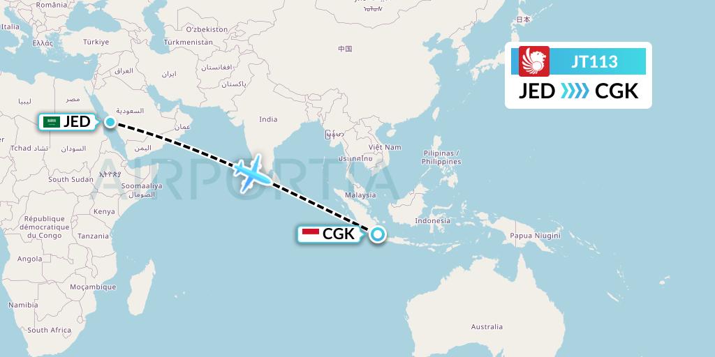 JT113 Lion Airlines Flight Map: Jeddah to Jakarta