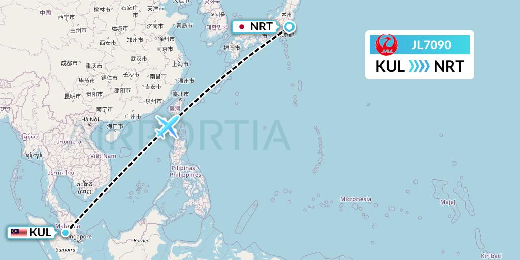 JL7090 Japan Airlines Flight Map: Kuala Lumpur to Tokyo