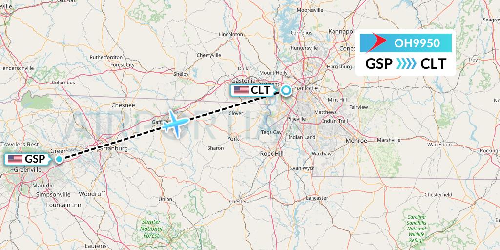 OH9950 PSA Airlines Flight Map: Greenville-Spartanburg to Charlotte