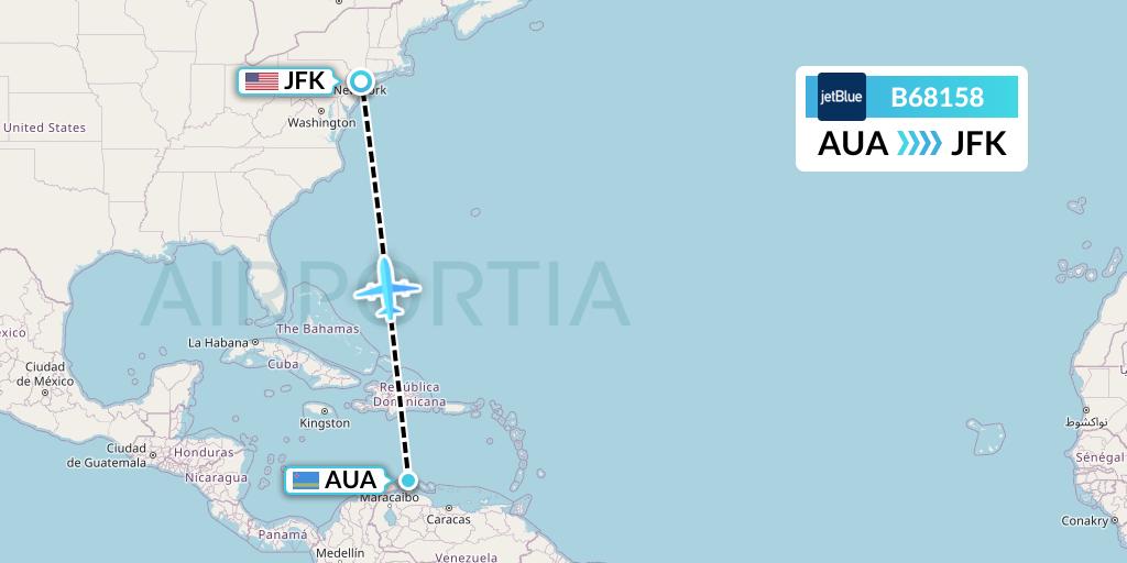 B68158 JetBlue Airways Flight Map: Oranjestad to New York