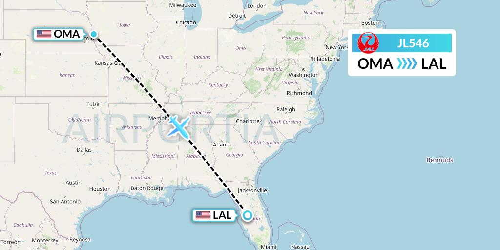 JL546 Japan Airlines Flight Map: Omaha to Lakeland