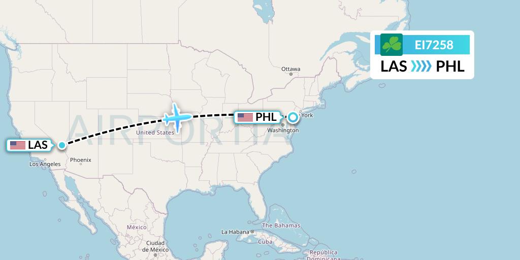 EI7258 Aer Lingus Flight Map: Las Vegas to Philadelphia