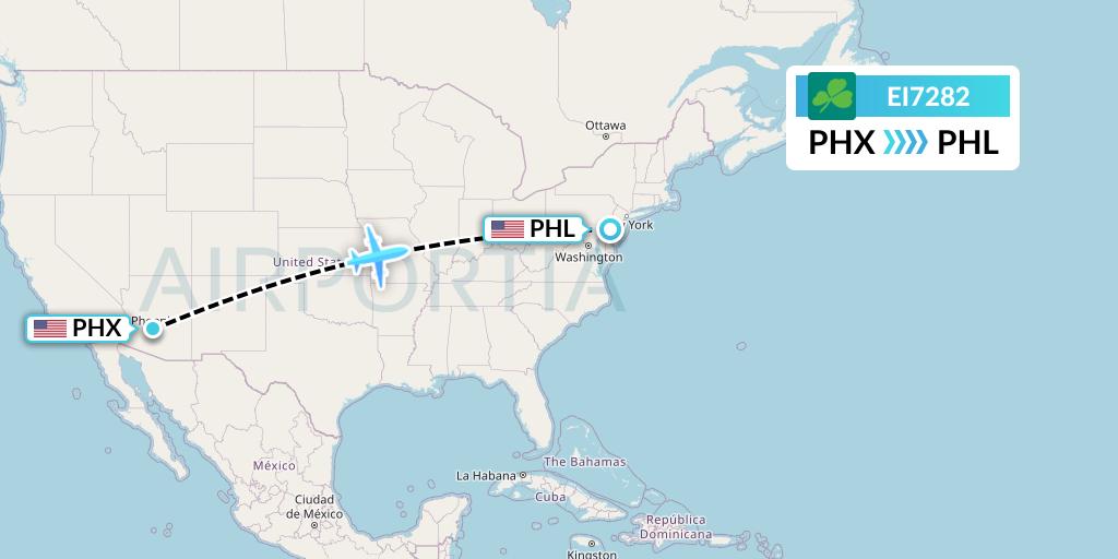 EI7282 Aer Lingus Flight Map: Phoenix to Philadelphia