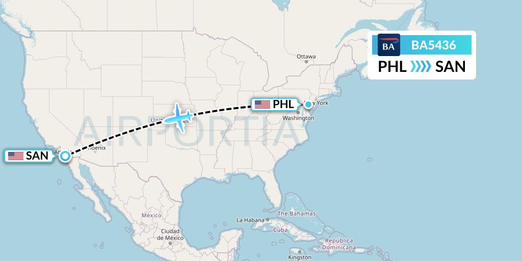 BA5436 British Airways Flight Map: Philadelphia to San Diego