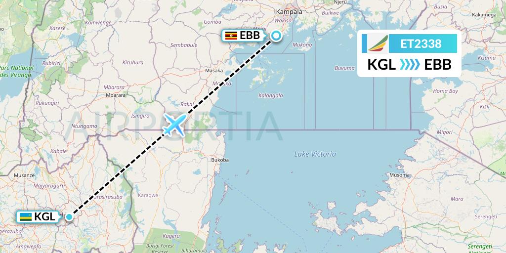 ET2338 Ethiopian Airlines Flight Map: Kigali to Entebbe