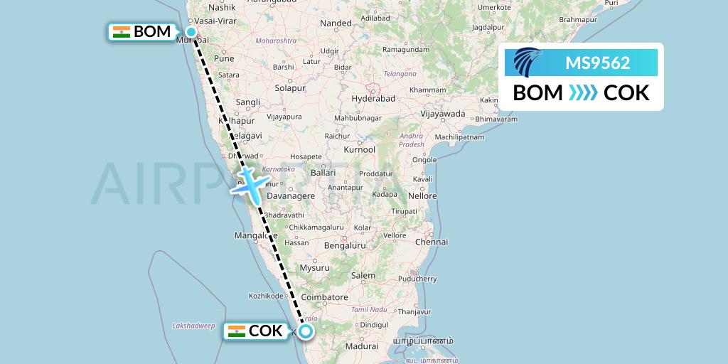 MS9562 EgyptAir Flight Map: Mumbai to Cochin