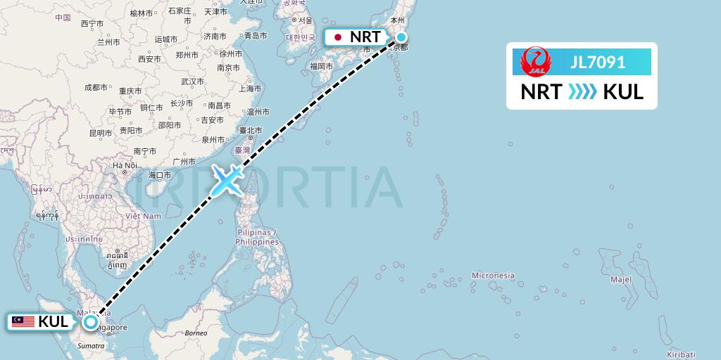 JL7091 Japan Airlines Flight Map: Tokyo to Kuala Lumpur