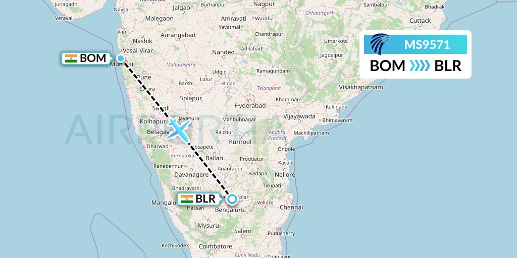 MS9571 EgyptAir Flight Map: Mumbai to Bangalore