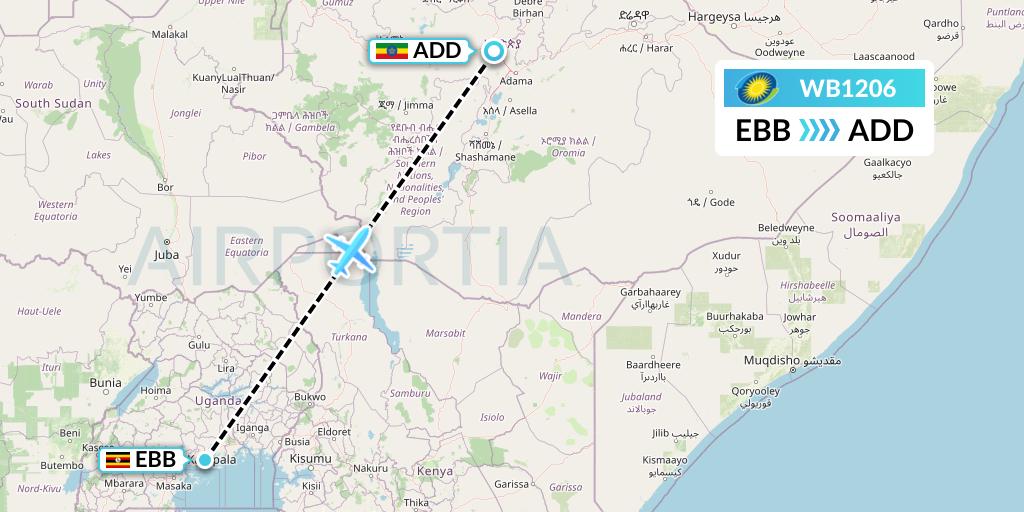 WB1206 RwandAir Flight Map: Entebbe to Addis Ababa