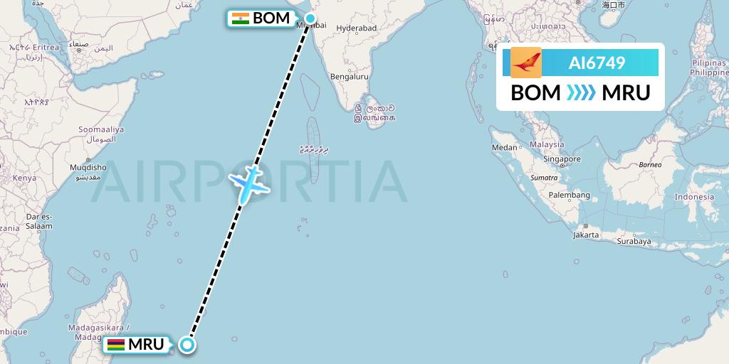 AI6749 Air India Flight Map: Mumbai to Port Louis