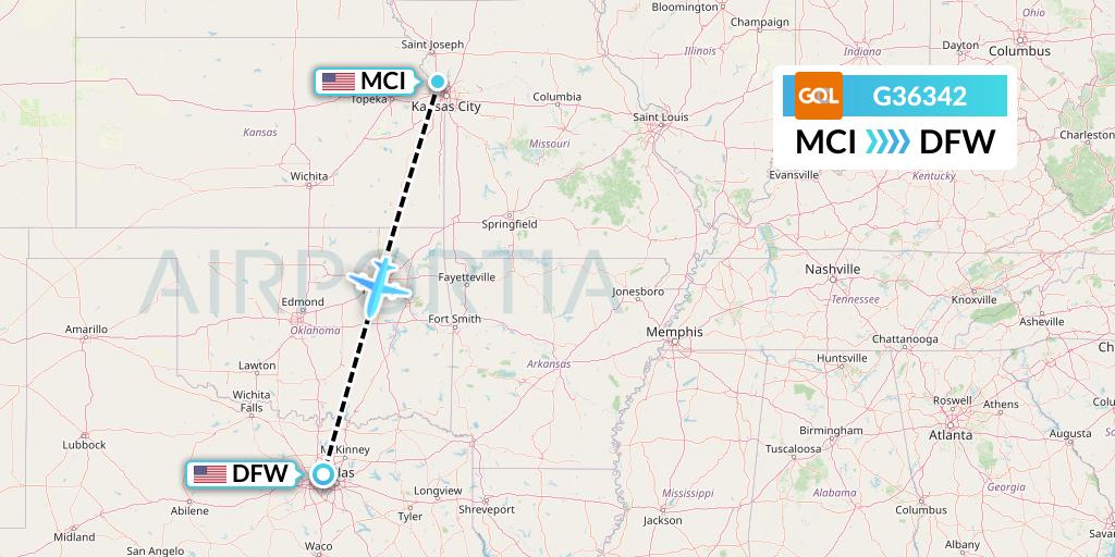 G36342 GOL Transportes Aeros Flight Map: Kansas City to Dallas