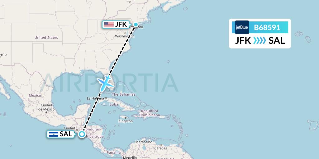 B68591 JetBlue Airways Flight Map: New York to San Salvador