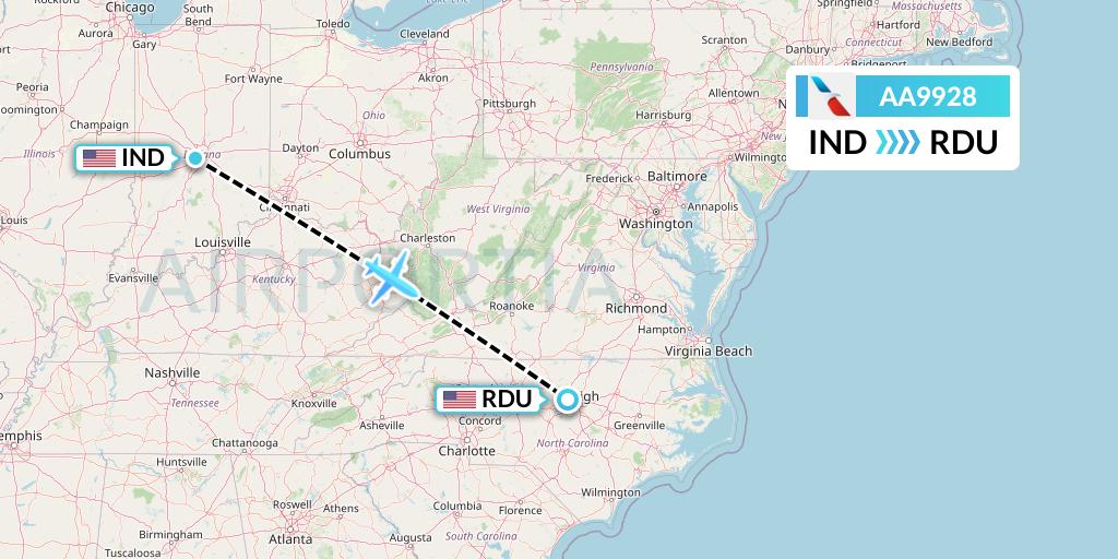 AA9928 American Airlines Flight Map: Indianapolis to Raleigh-Durham