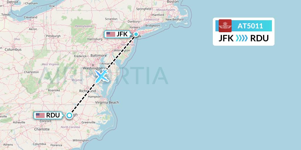 AT5011 Royal Air Maroc Flight Map: New York to Raleigh-Durham