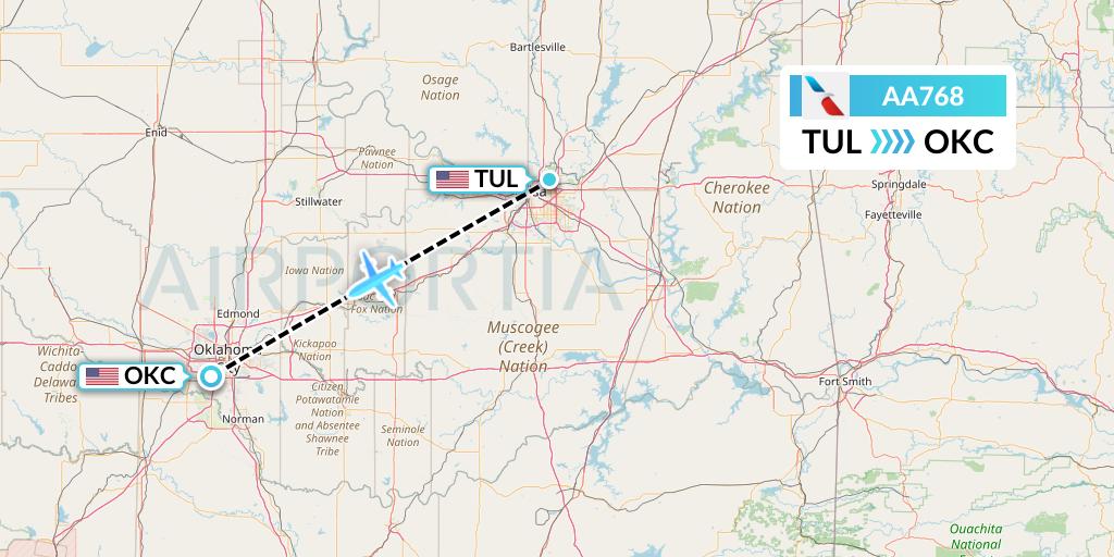 AA768 American Airlines Flight Map: Tulsa to Oklahoma City