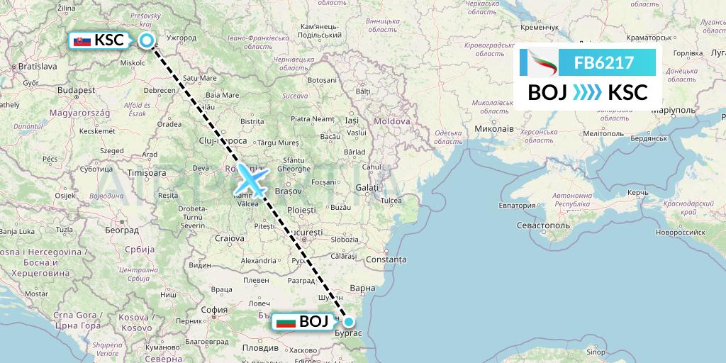 FB6217 Bulgaria Air Flight Map: Burgas to Kosice