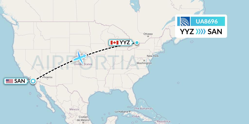 UA8696 United Airlines Flight Map: Toronto to San Diego