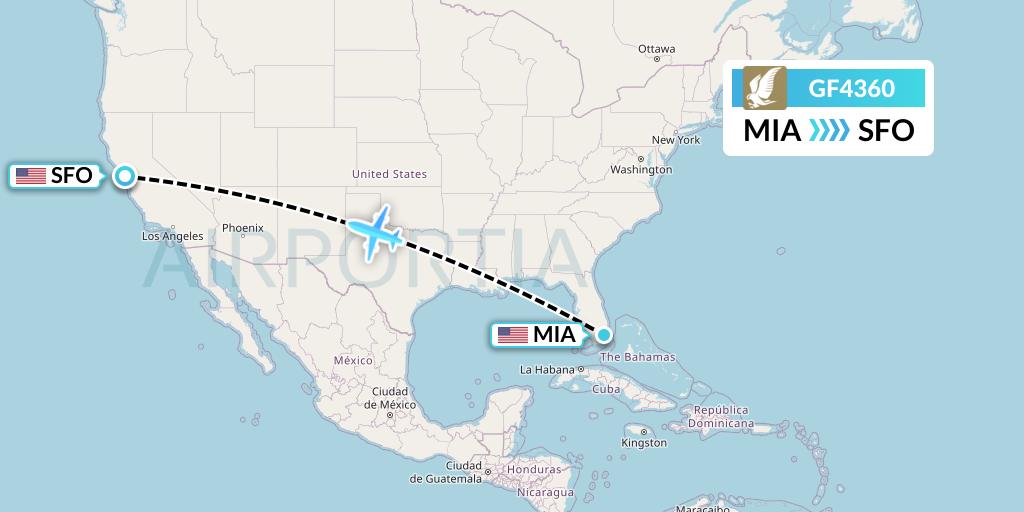 GF4360 Gulf Air Flight Map: Miami to San Francisco