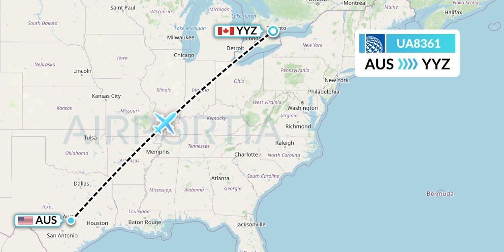 UA8361 United Airlines Flight Map: Austin to Toronto