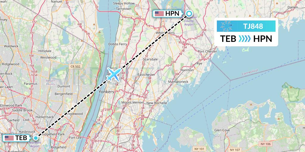 TJ848 Tradewind Aviation Flight Map: Teterboro to White Plains