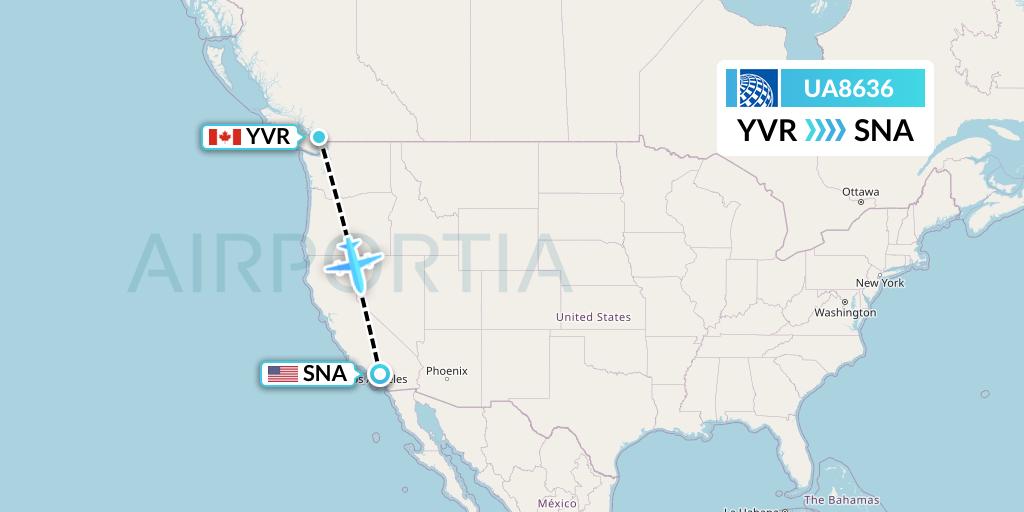 UA8636 United Airlines Flight Map: Vancouver to Orange County