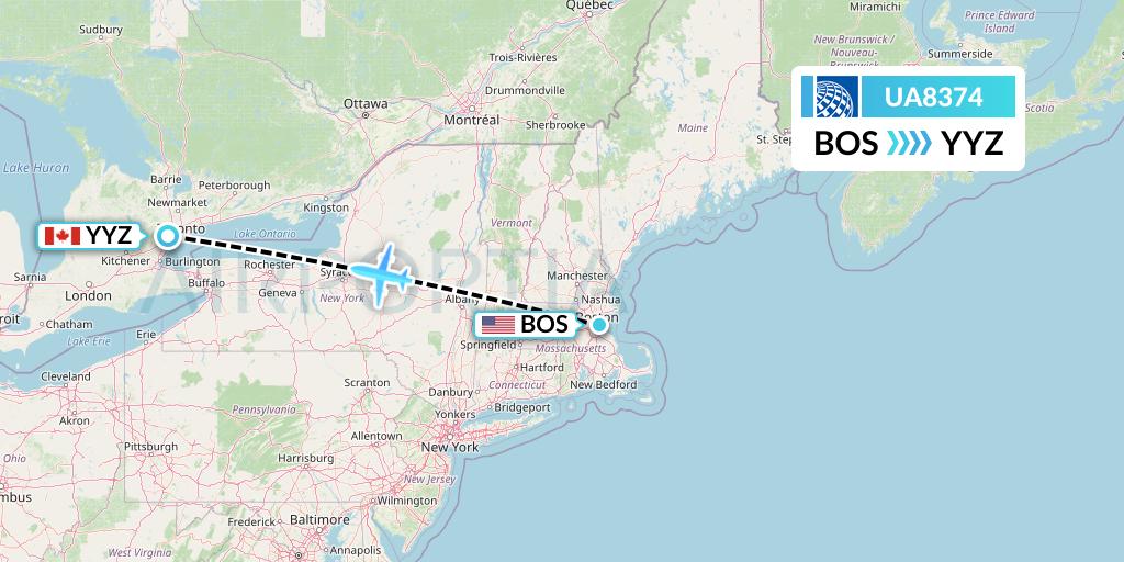 UA8374 United Airlines Flight Map: Boston to Toronto