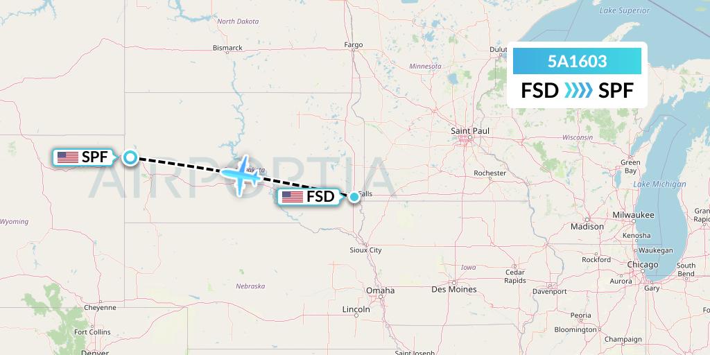 5A1603 Alpine Air Express Flight Map: Sioux Falls to Spearfish