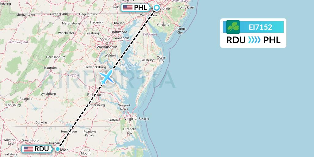 EI7152 Aer Lingus Flight Map: Raleigh-Durham to Philadelphia