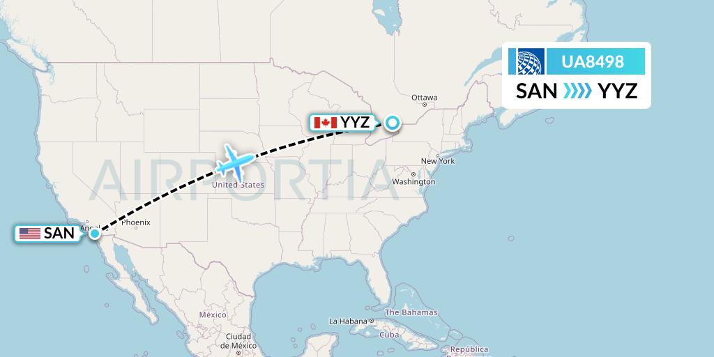 UA8498 United Airlines Flight Map: San Diego to Toronto