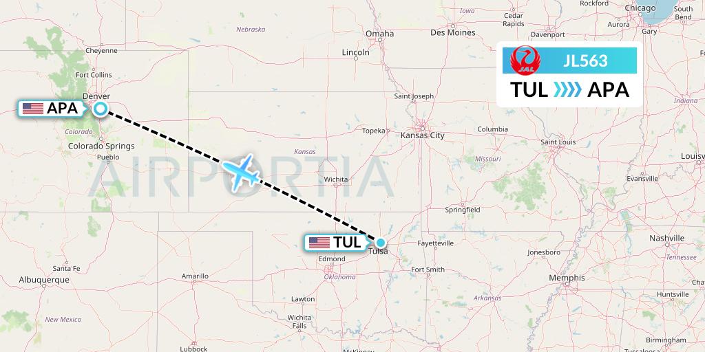 JL563 Japan Airlines Flight Map: Tulsa to Denver