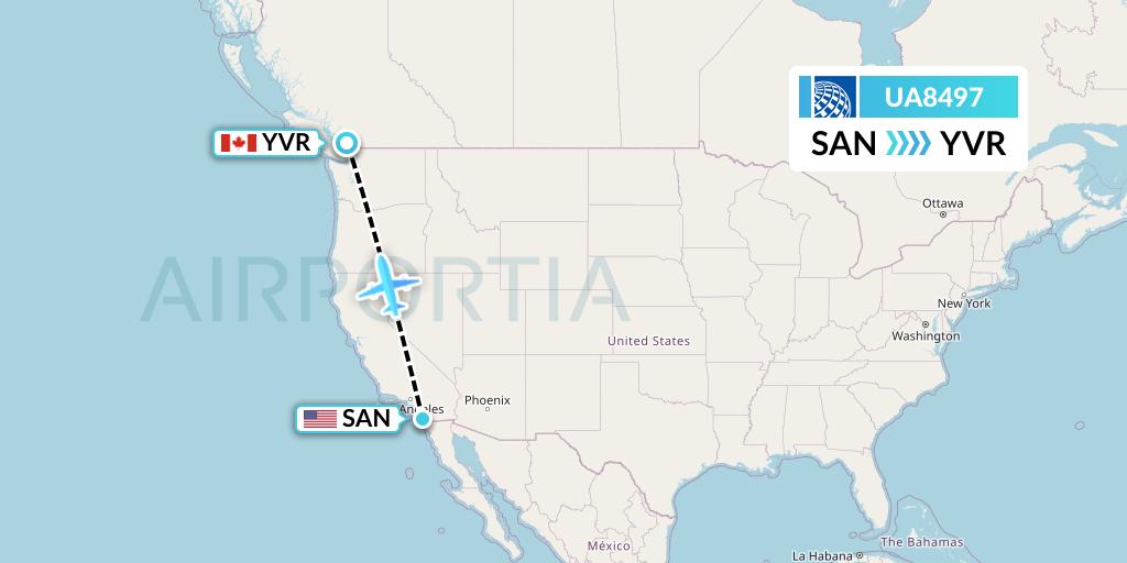 UA8497 United Airlines Flight Map: San Diego to Vancouver
