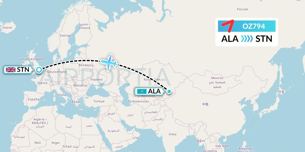 OZ794 Asiana Airlines Flight Map: Almaty to London
