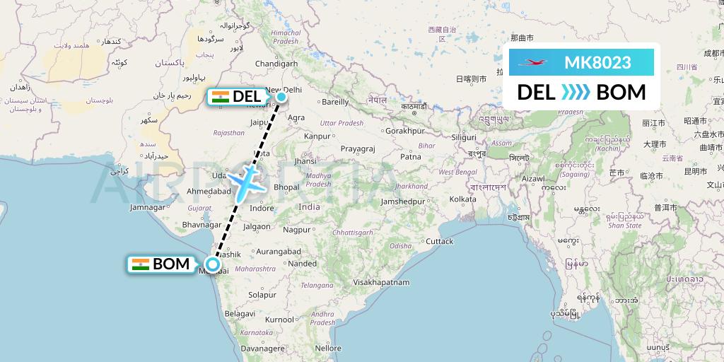 MK8023 Air Mauritius Flight Map: Delhi to Mumbai
