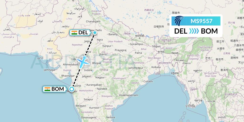 MS9557 EgyptAir Flight Map: Delhi to Mumbai