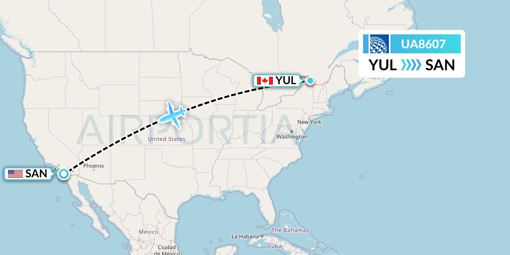 UA8607 United Airlines Flight Map: Montreal to San Diego