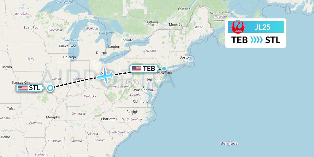 JL25 Japan Airlines Flight Map: Teterboro to St. Louis