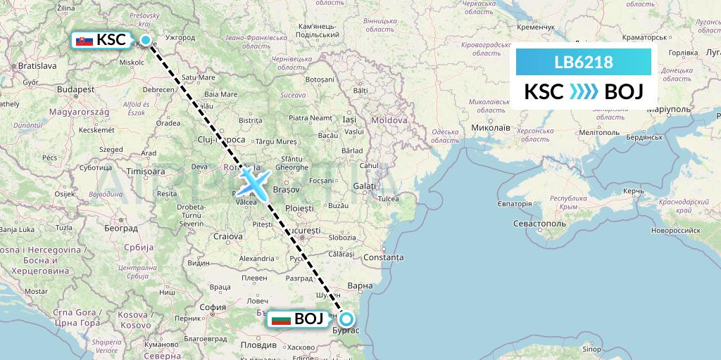LB6218 Bul Air Flight Map: Kosice to Burgas