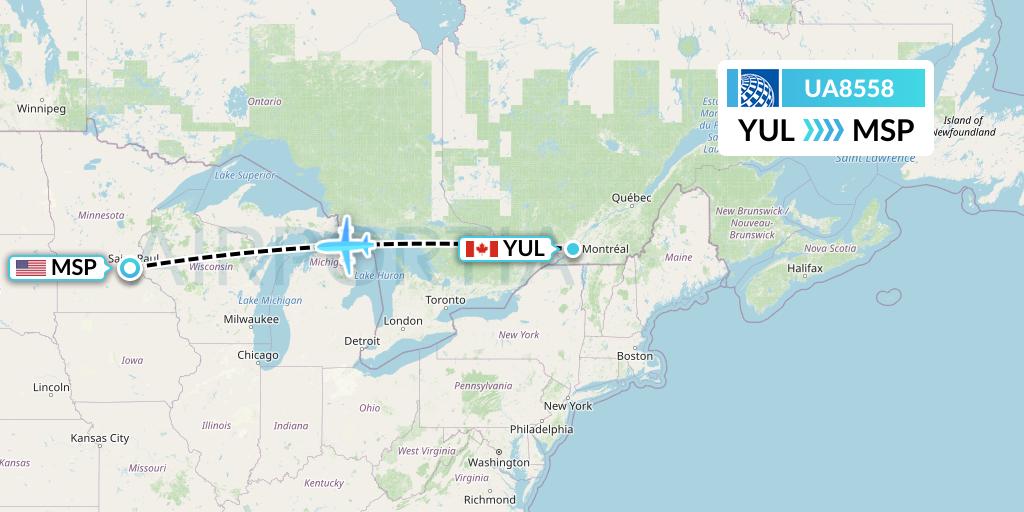 UA8558 United Airlines Flight Map: Montreal to Minneapolis