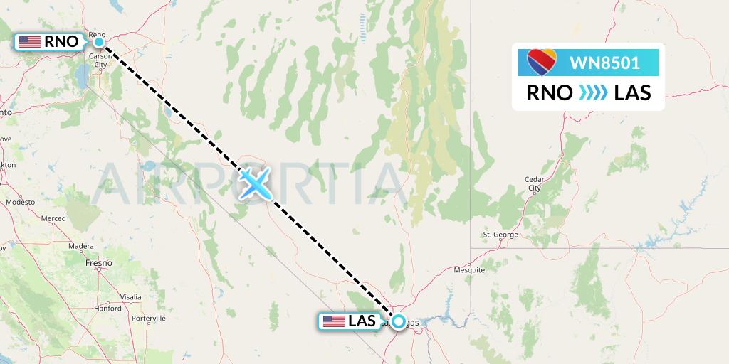 WN8501 Southwest Airlines Flight Map: Reno to Las Vegas