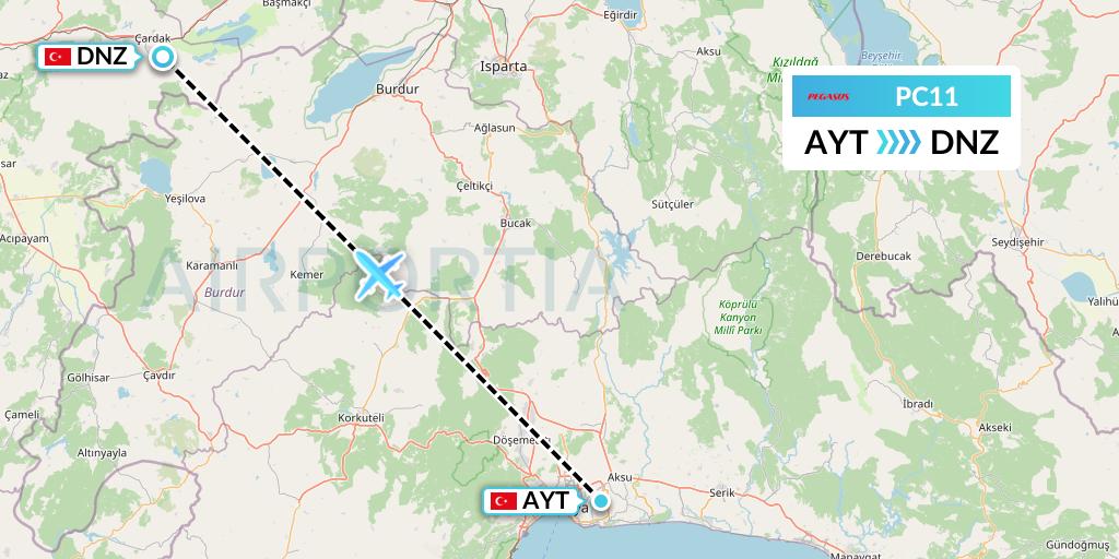 PC11 Pegasus Airlines Flight Map: Antalya to Cardak