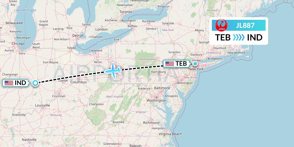 JL887 Japan Airlines Flight Map: Teterboro to Indianapolis